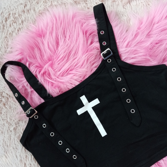 Rad goth cropped tank w/ cross and eyelet straps! SOLD! - Picture 5 of 6